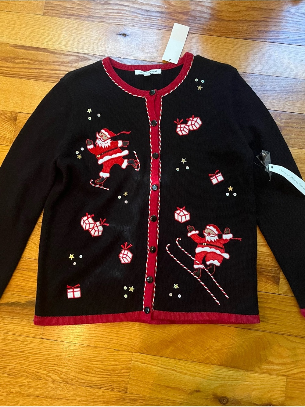 NWT GrandmacoreMercer Street Studio Black & Red Christmas Holiday Santa Cardigan